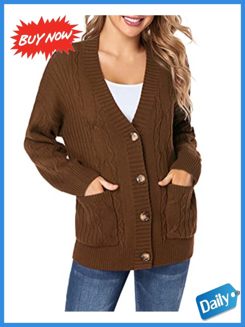 Oversized Chunky Knit Cardigan Sweater Button Down Pockets